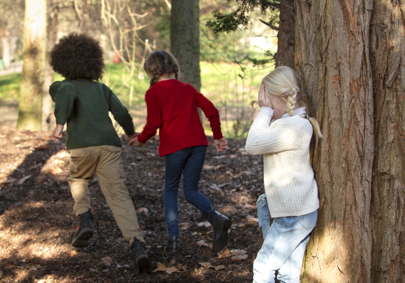 crianças brincando de esconde esconde no bosque 