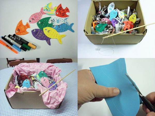 Quatro imagens de recortes de papel coloridos em forma de peixe