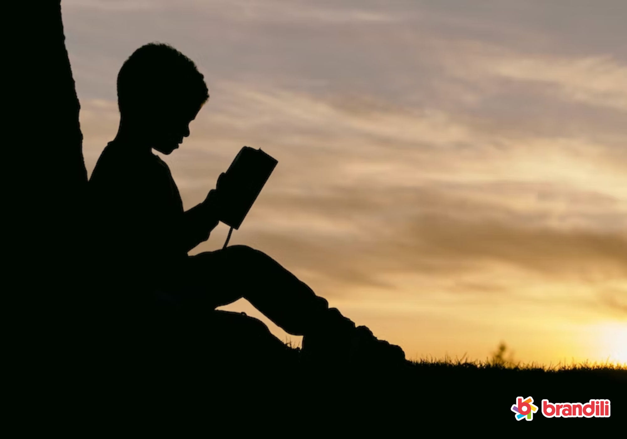Sombra de menino lendo um livro com o pôr-do-sol ao fundo