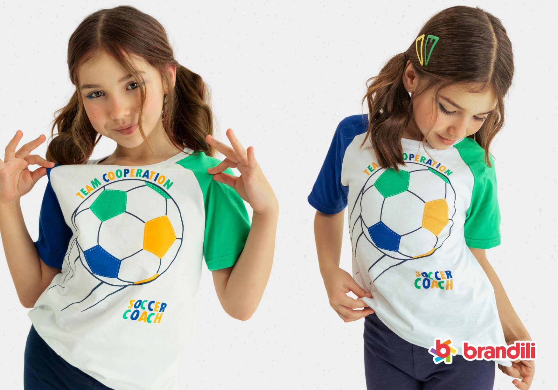 Menina veste blusa com estampa de futebol da Brandili