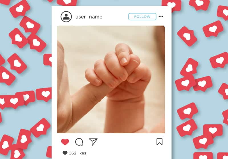 modelo de post de Instagram com foto de bebê segurando dedo mãe 
