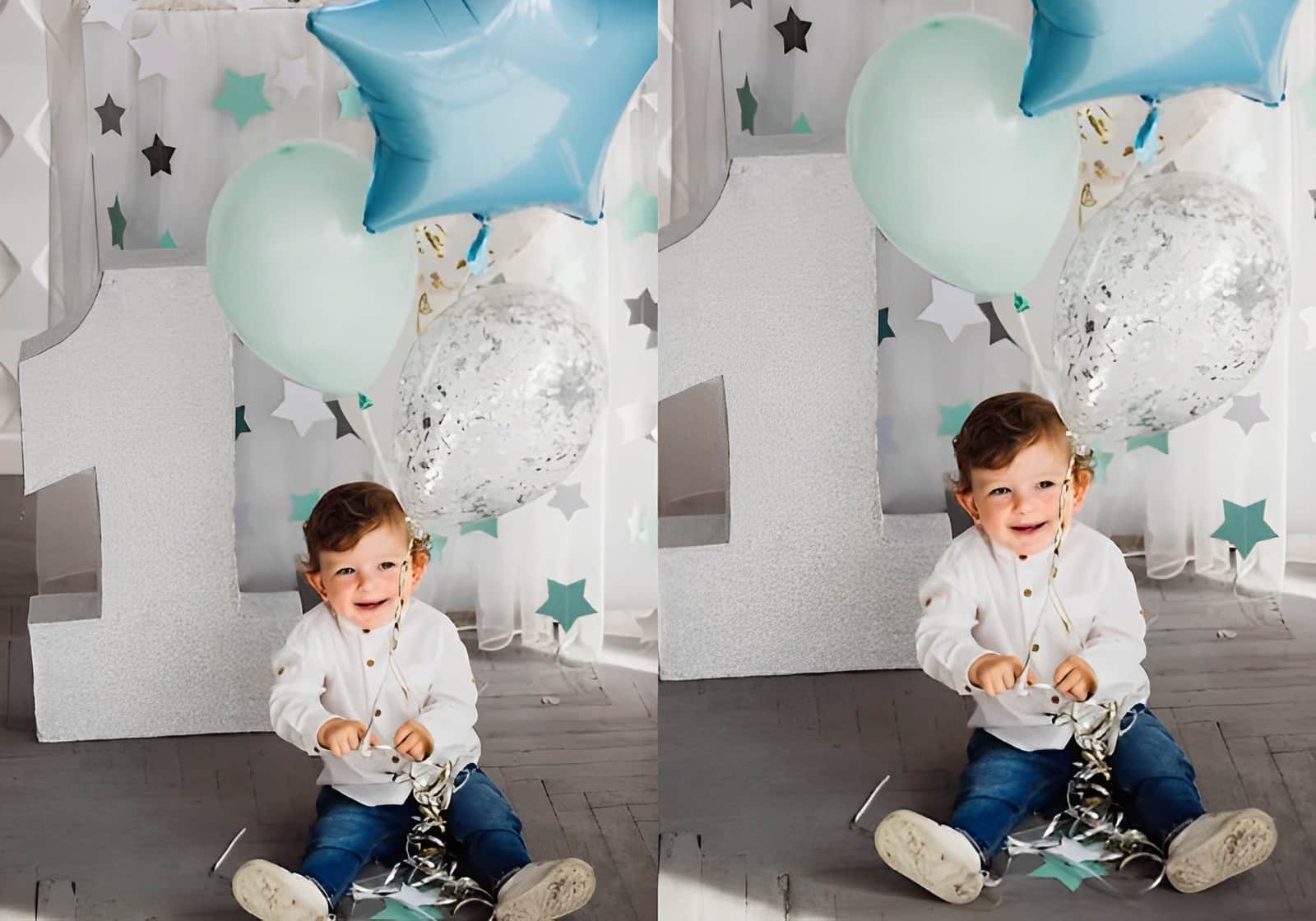 Criança sentada no chão segurando balões