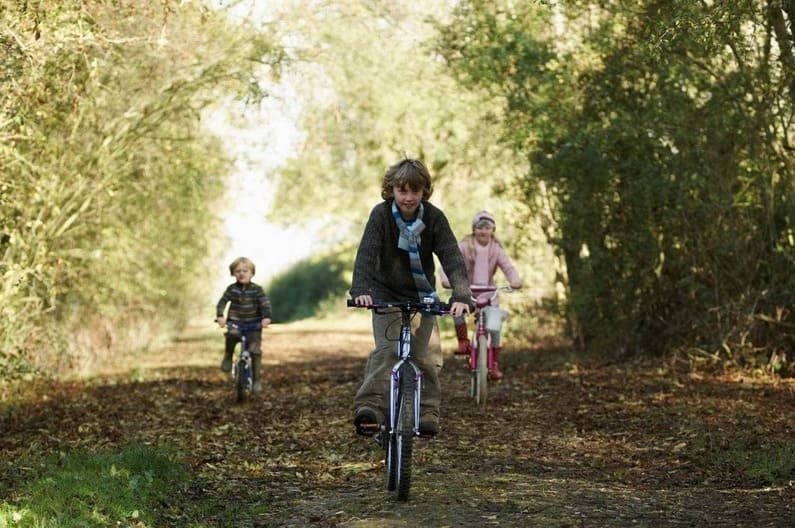 dois meninos e uma menina andando de bicicleta em campo aberto 
