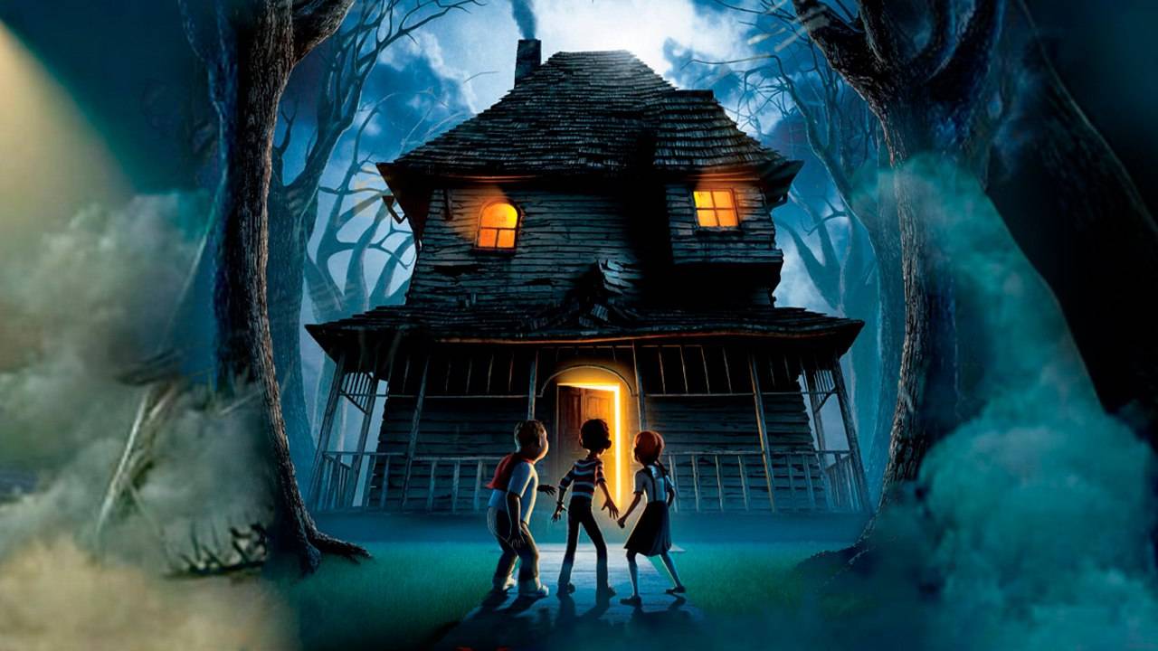 Frente de casa de noite, no escuro, com três crianças em frente