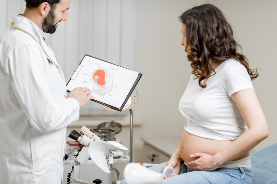 doutor mostrando para uma gestante de 15 semanas como está o bebê na barriga