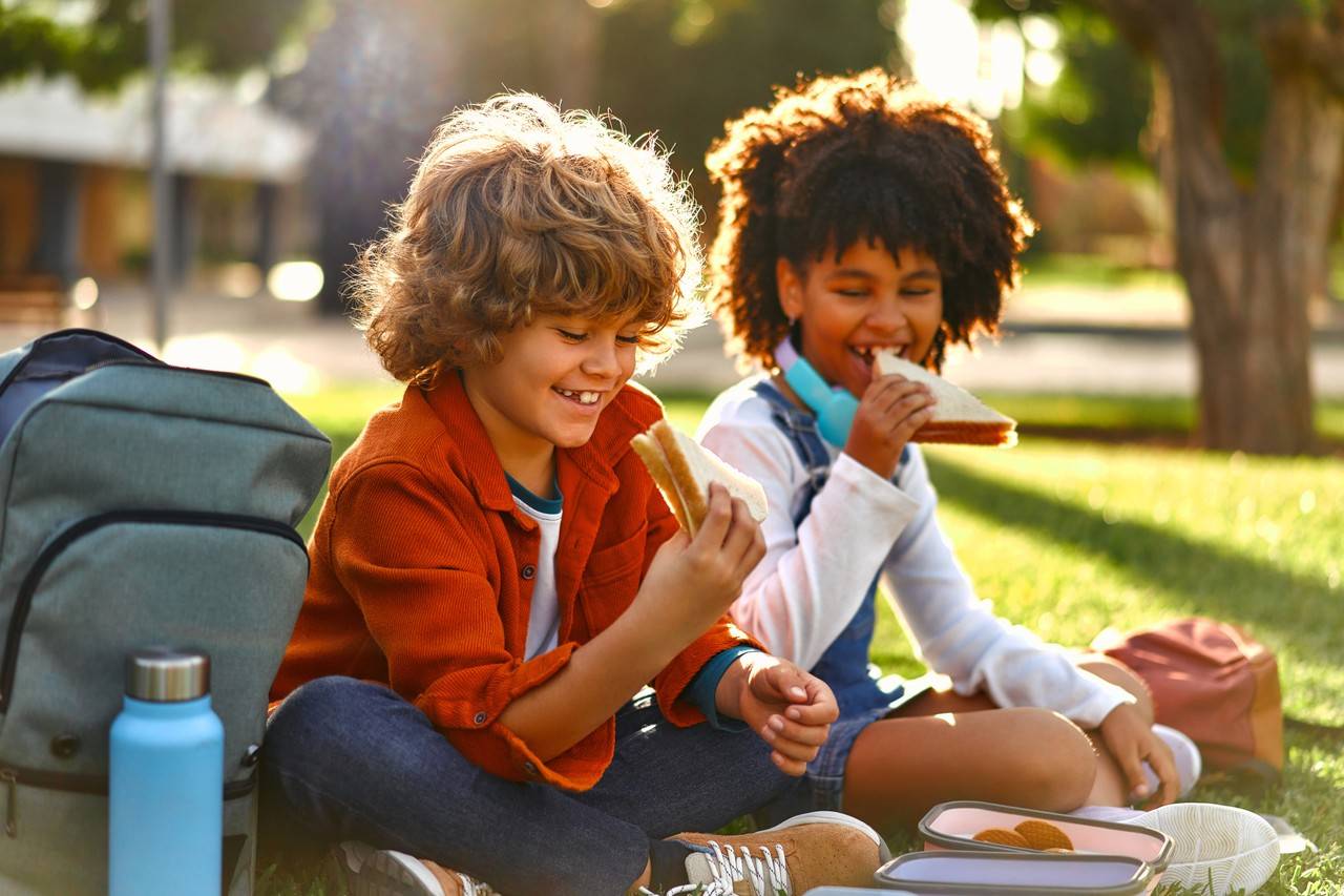 crianças sentadas no gramado da escola comendo lanche